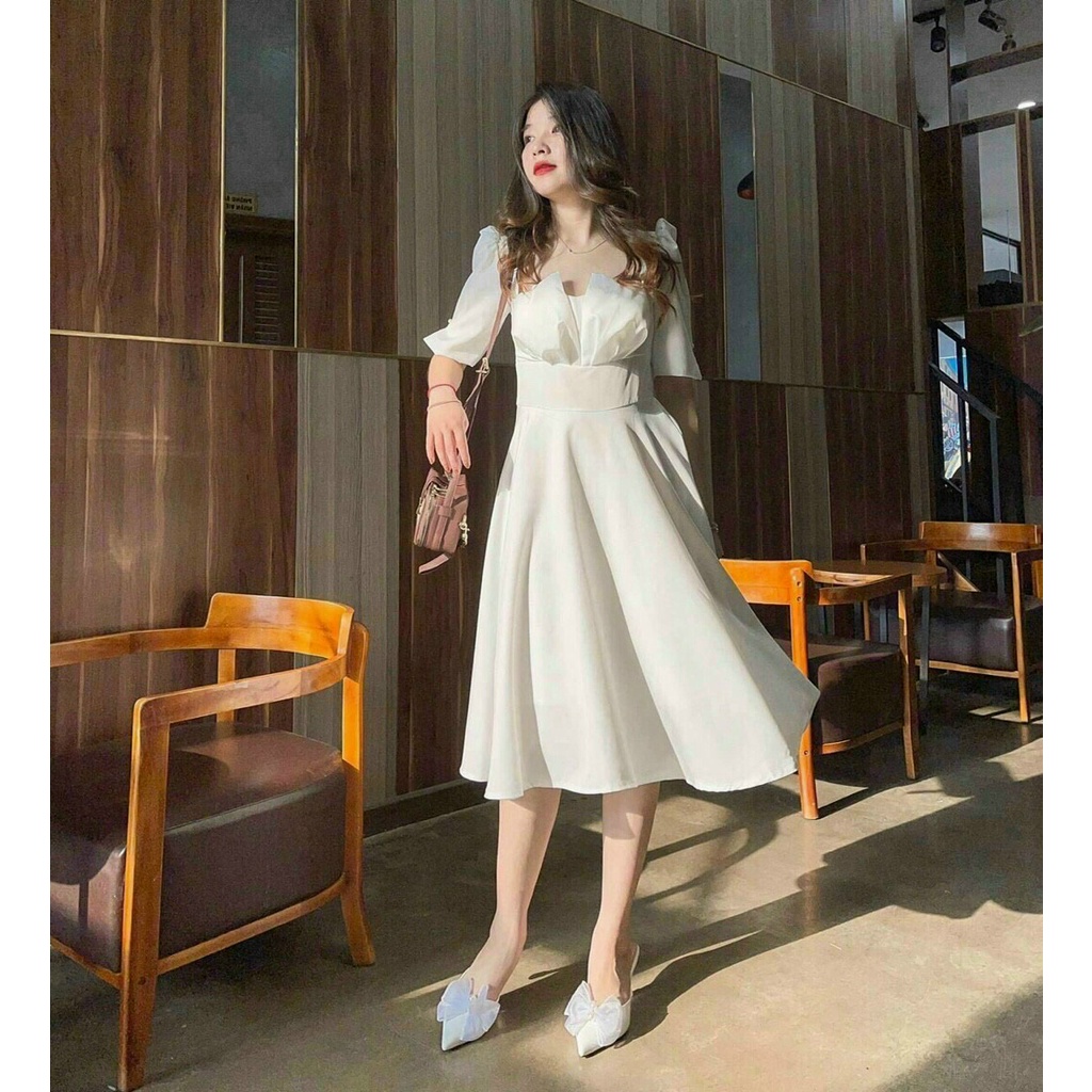 Đầm xoè màu trắng dự tiệc ngực xếp ly siêu xinh