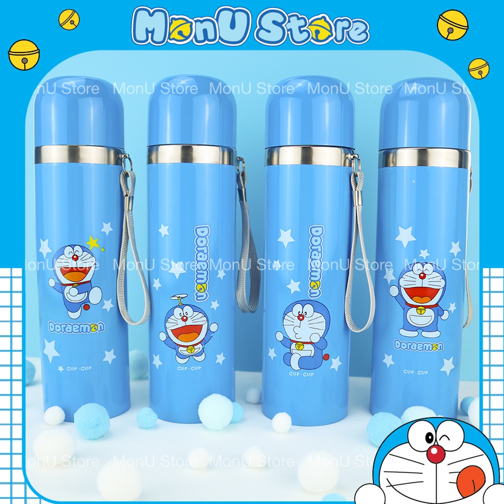 Bình giữ nhiệt nắp xoay có dây xách hình DORAEMON DOREMON dễ thương chất liệu inox 304 an toàn MON0195