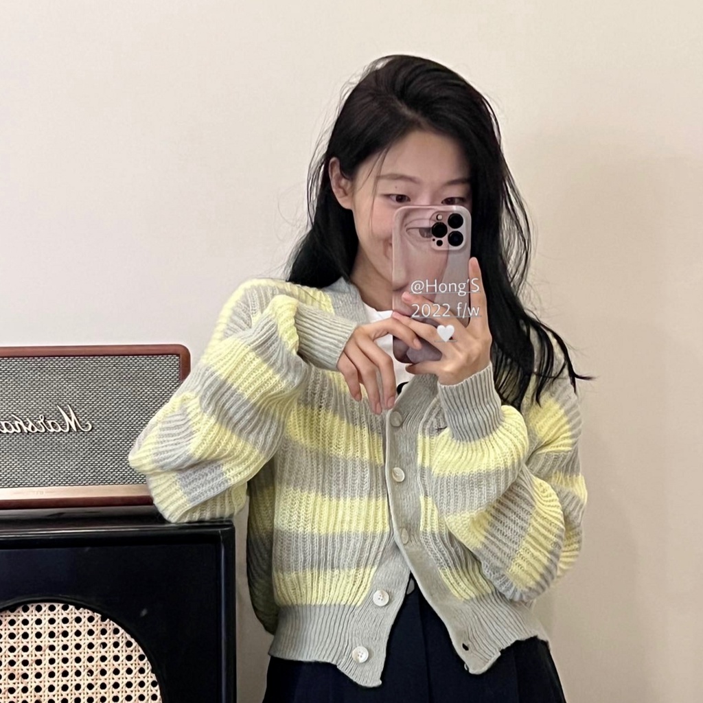 Áo cardigan dệt kim ZHELIHANGFEI tay phồng dáng rộng lưng cao họa tiết kẻ sọc dễ phối đồ