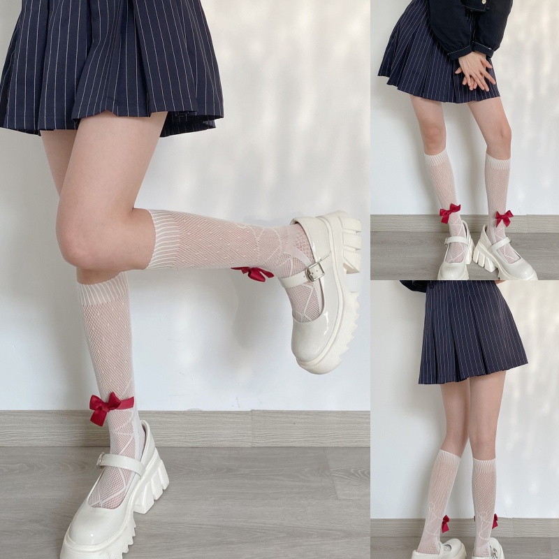 Xixi Tất Lưới Dài Tới Bắp Chân Họa Tiết Chấm Bi Thắt Nơ Phong Cách Preppy Nhật Bản Ngọt Ngào Cho Nữ
