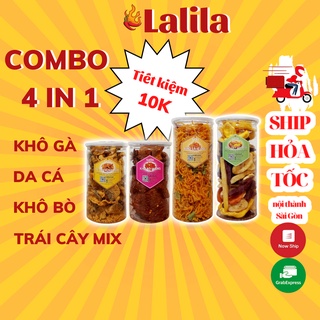Combo5 khô gà 300g, da cá trứng muối 200g, khô bò 250g, trái cây sấy 270g - đồ ăn vặt ngon