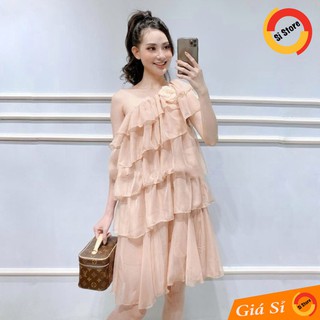 Đầm Suông Xếp Tầng Lệch 1 Vai Chất Voan Chiffon Có Lót Kèm Tag Hoa Rời