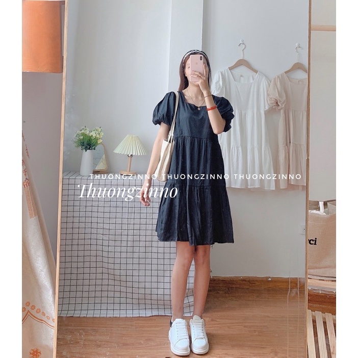 [Ảnh thật/Video]Váy babydoll cộc tay ba tầng chất lụa Hàn Váy thiết kế Hàn Quốc