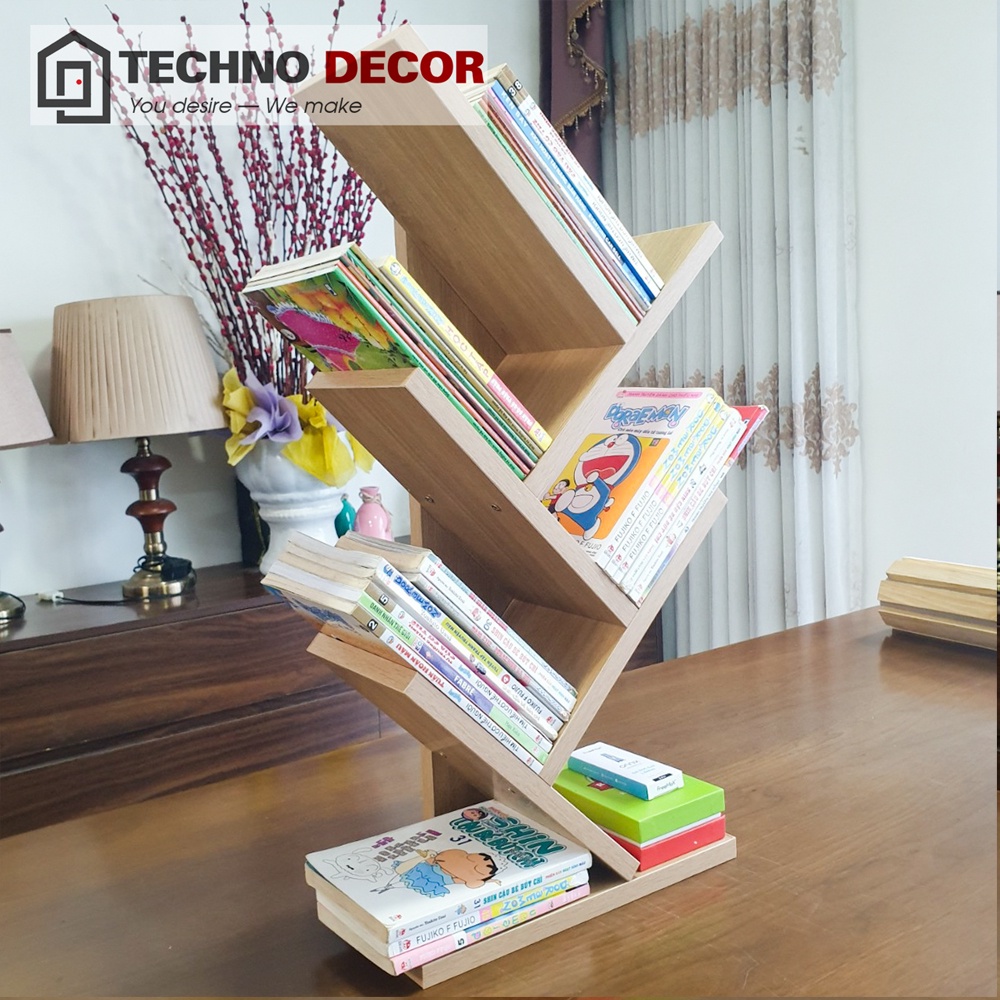 Kệ Sách Hình Cây Decor Phòng Làm Việc Phòng Khách 5 Tầng Nhỏ Gọn 60x31x37cm Bằng Gỗ TechnoDecor