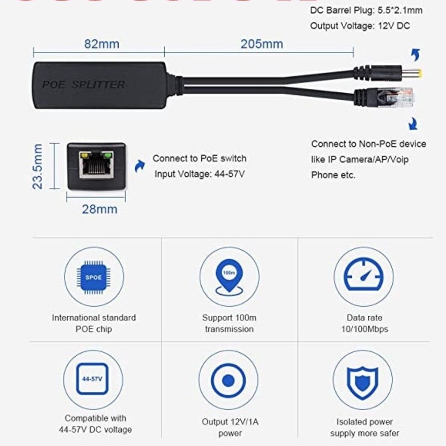 Tách Jack POE Splitter 48v ra 12v cho Camera, Cặp Chuyển Nguồn POE Cho Camera IP
