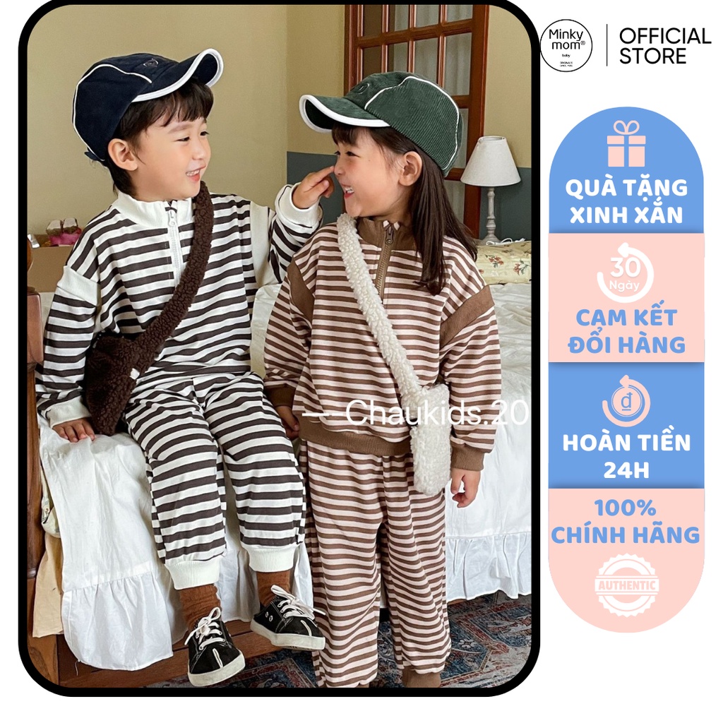 [SALE] Bộ Dài Tay Vải Len Zip Hàn Quốc Bé Trai, Bé Gái Kẻ Sọc Phối Tay, Bộ Quần Áo Cho Bé Mặc Thu Đông CKTD15