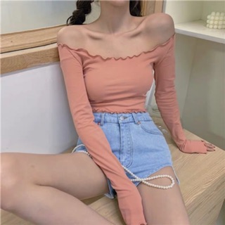 ORDER Áo Croptop viền nhún trễ vai, áo Croptop rút dây tay dài