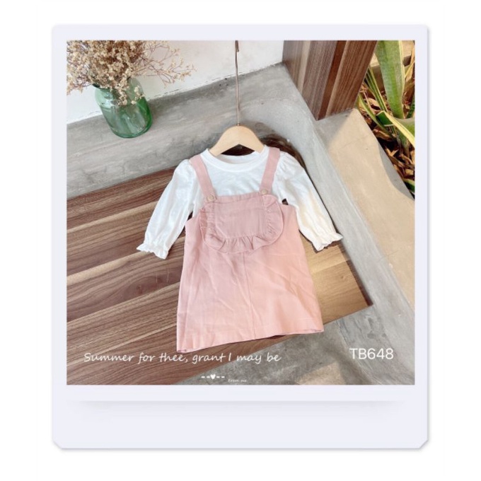 Sét áo cotton tay lỡ bo chun nhẹ+ yếm váy thô đẹp cho bé gái