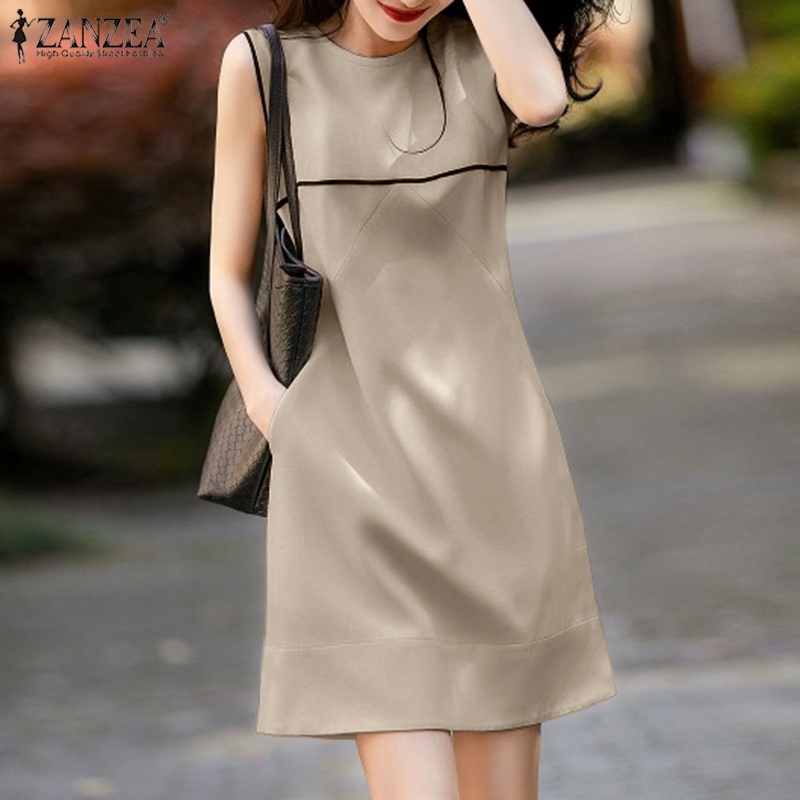 ZANZEA Đầm Dài Đến Gối Không Tay Cổ Tròn Màu Trơn Thời Trang Cho Nữ