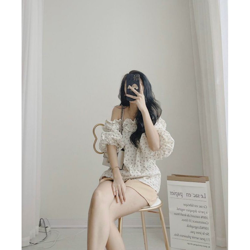 S342 Set Áo trễ vai bèo họa tiết hoa nhí tone màu nhẹ nhàng, phối quần sooc cạp chun co dãn dáng suông thoải mái