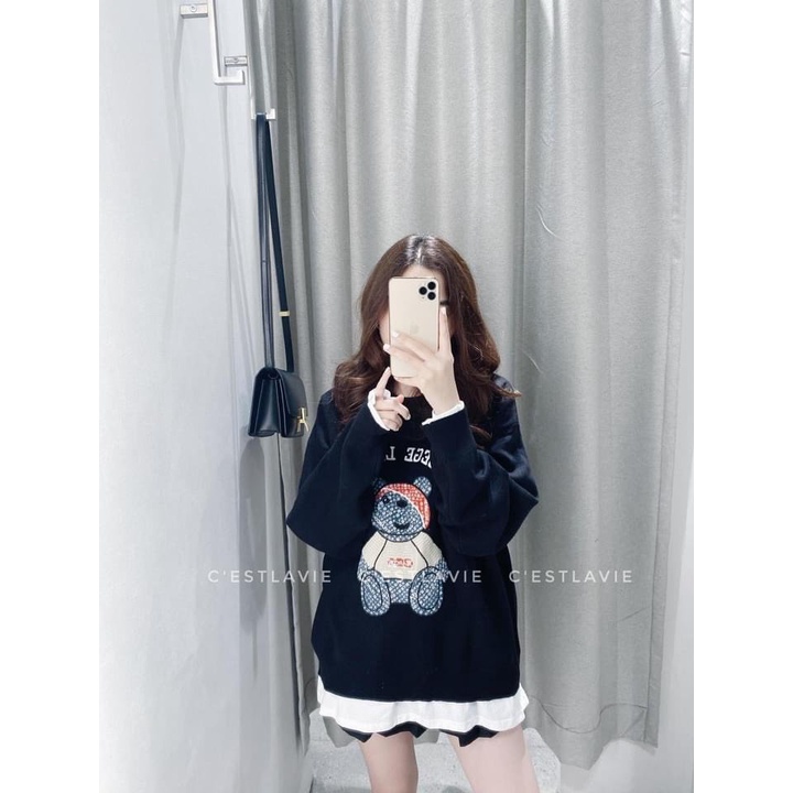 Áo sweater nữ, áo nỉ form rộng phong cách hàn quốc hình con gấu trước ngực | BigBuy360 - bigbuy360.vn