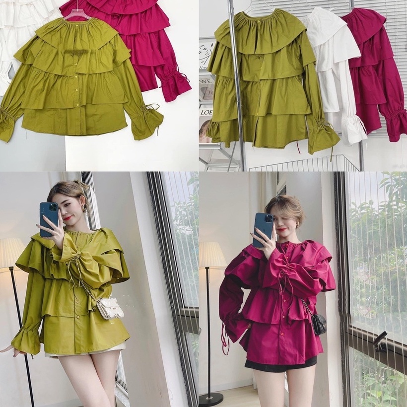 Áo sơ mi babydoll xòe tầng cổ tròn thắt nơ tay áo babydoll tiểu thư xinh xắn form rộng LD440