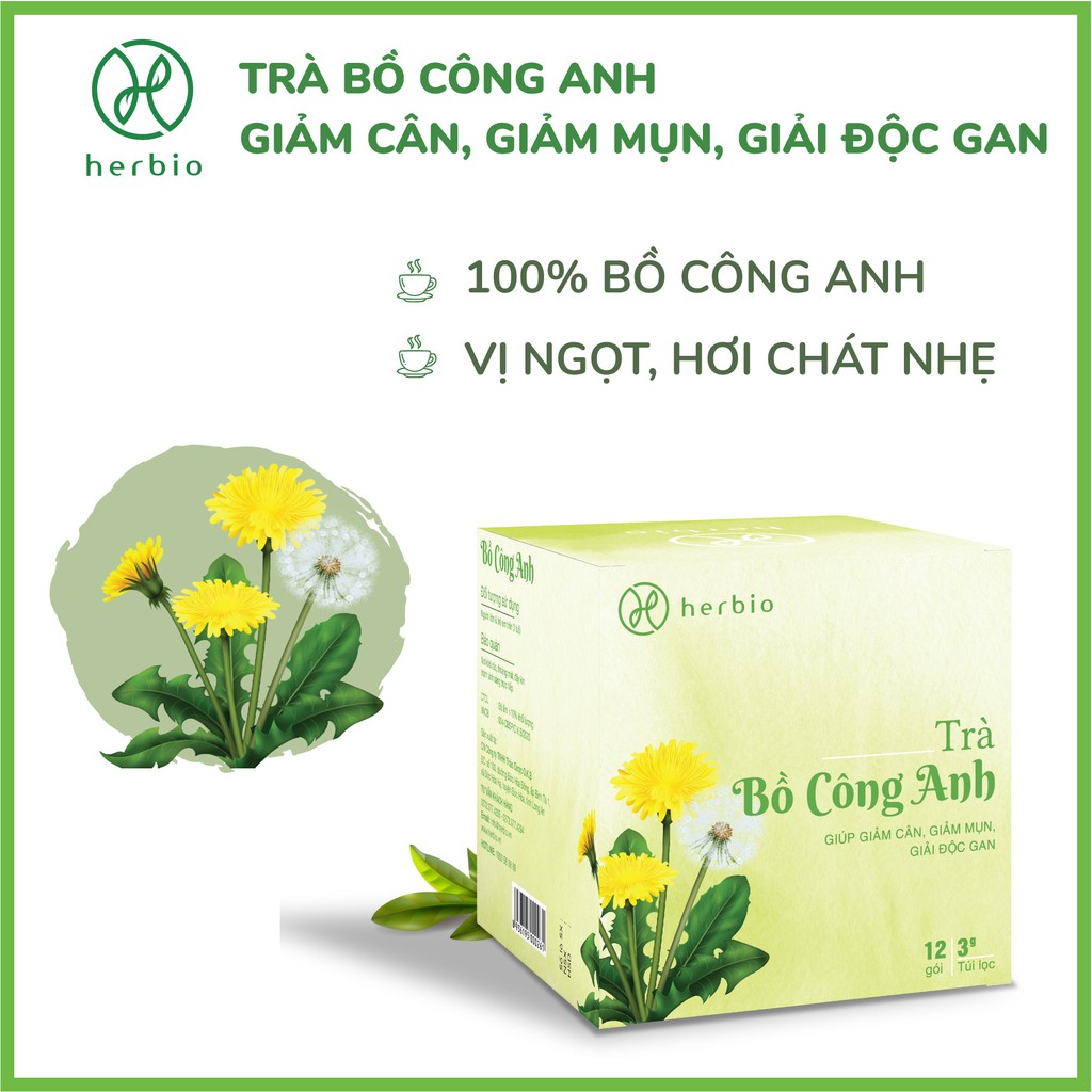 Trà thảo dược Bồ Công Anh Herbio - giúp giảm cân, giảm mụn, mát gan giải độc , hộp 12 gói