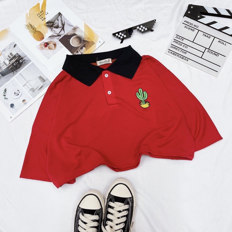 ÁO CROPTOP POLO OVERSIZED HÌNH THÊU - ĐỎ / HỒNG | BigBuy360 - bigbuy360.vn