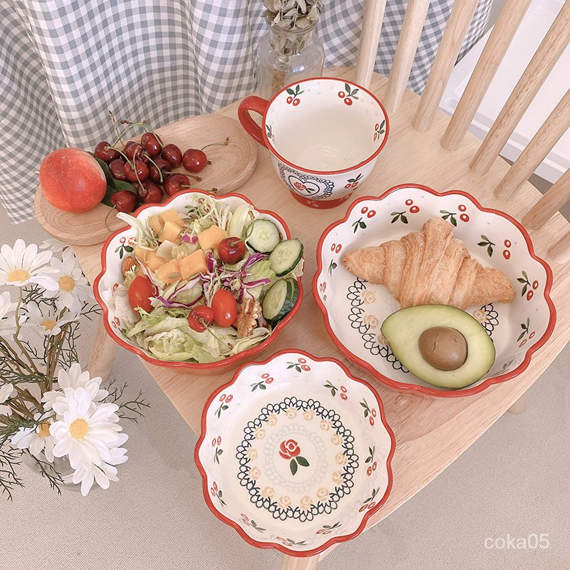 Stunner Girls*Vintage Pastoral Style Ceramic Bowl Salad Bowl Lace Japanese Ceramic Plate Red Cherry Coffee Cup