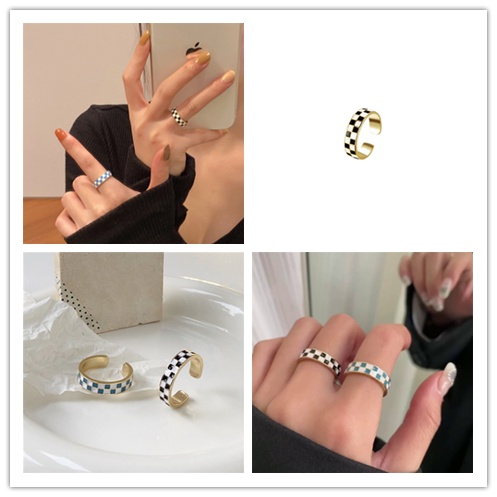 Nhẫn Kim Loại Họa Tiết Ô Vuông Có Thể Điều Chỉnh Phong Cách Retro