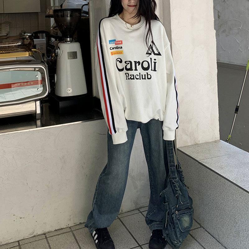 Jennie cùng phong cách cổ tròn in chữ Mỹ thời trang mùa thu cặp đôi váy cotton(cotton nguyên chât)