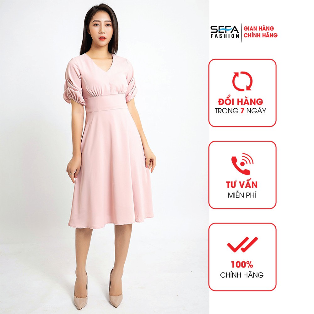 Đầm xòe tay bồng SEFA thắt đai cổ tim SFT3017