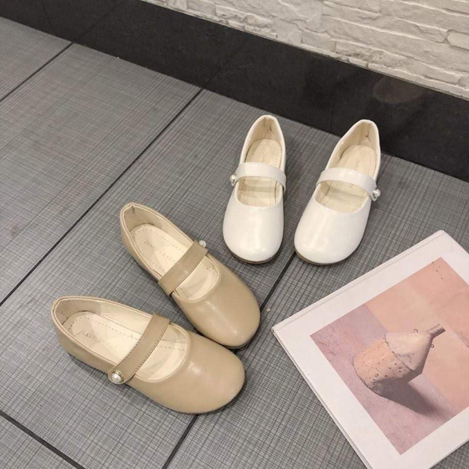 Giày búp bê vintage da cài quai đính hạt mũi tròn đế bệt