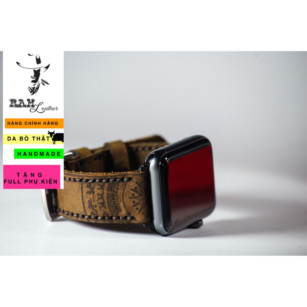 Dây đồng hồ Apple Watch , Iwatch , Iphone Watch Da Bò Nâu Đất Họa Tiết Trống Đồng RAM Leather  Bền Đẹp