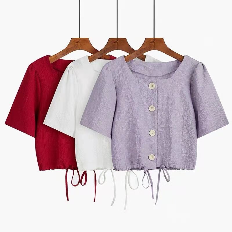 Women's French Square Neck Drawstring Design Shirts Loose Fashion Summer Solid Short Sleeve Crop Tops | BigBuy360 - bigbuy360.vn