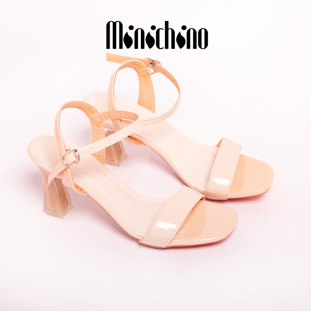 Giày cao gót MINICHINO nữ thời trang, giày sandal gót cao hỡ mũi trụ cao 7p fom chuẩn size 35-40 màu kem