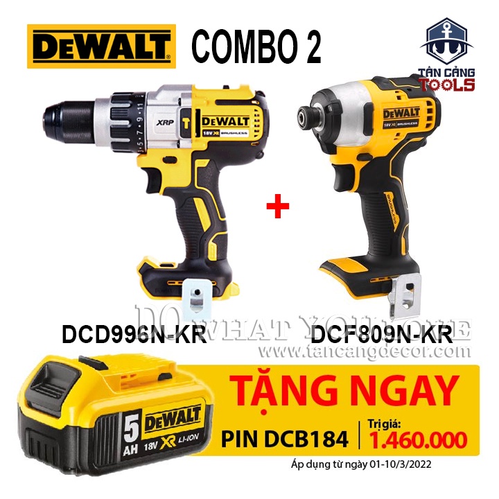 Combo Khuyến Mãi DeWalt 18V DCD996N-KR &amp; DCF809N-KR ( Tặng Pin 18V -5Ah DEWALT DCB184 )