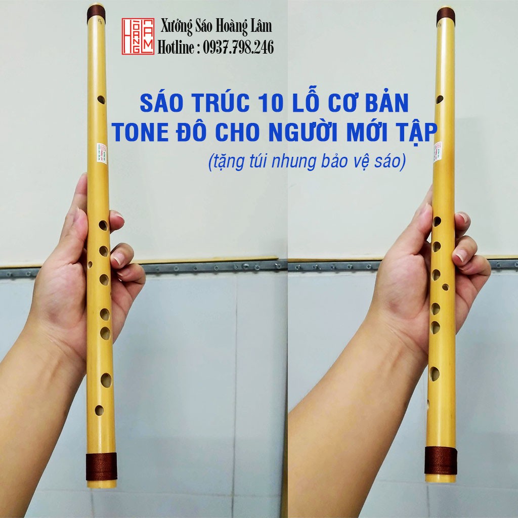 Sáo trúc Hoàng Lâm 10 lỗ cơ bản, tone đô C5 chuẩn âm, giá rẻ cho người mới tập chơi HL20N tặng túi nhung đựng bảo vệ sáo