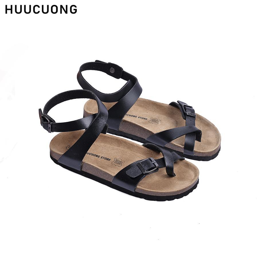 Giày sandal unisex HuuCuong xỏ ngón cổ cao màu đen đế trấu handmade