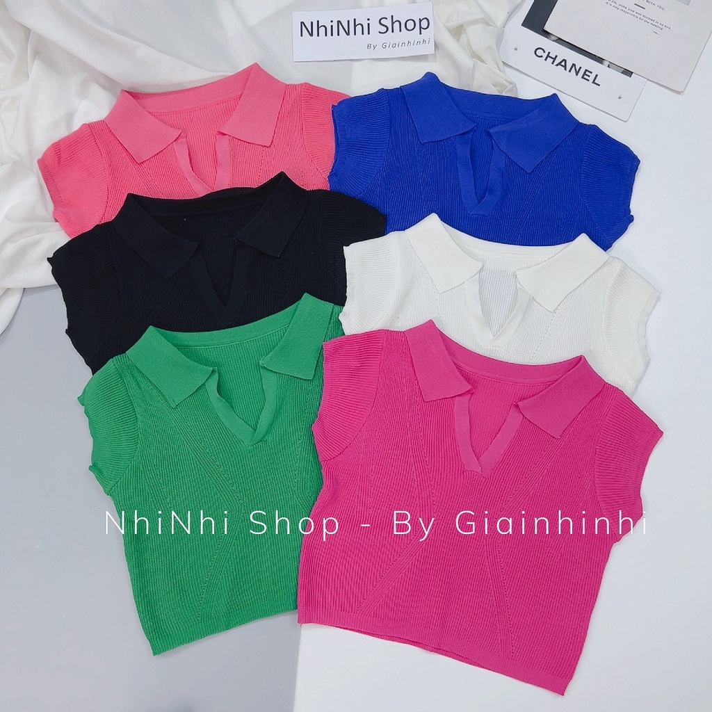 Áo len mỏng xương cá cộc tay dáng ôm croptop, Áo kiểu cổ bẻ len co giãn AL6565 - NhiNhi Shop
