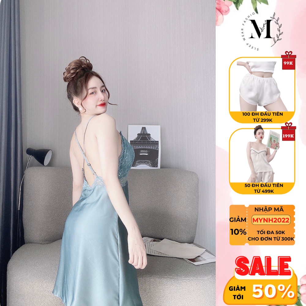 [ Lụa Cao Cấp ] Váy ngủ 2 dây sexy phối ren có mút ngực gợi cảm mặc nhà chất liệu lụa satin mềm mịn 045