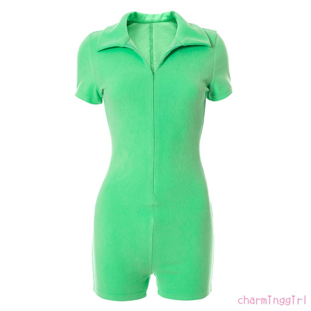 Bộ Áo Liền Quần Tay Ngắn Cổ Polo Màu Sắc Trơn Phối Khóa Kéo Thời Trang Mùa Hè Cho Nữ