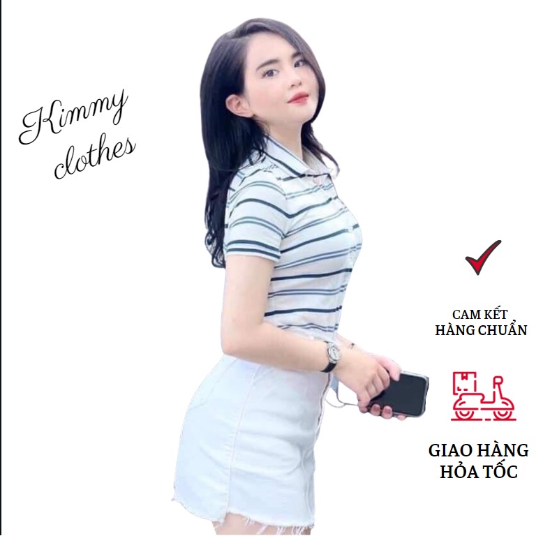 Áo polo nữ cộc tay kẻ trắng xanh form slimfit tôn dáng, áo phông nữ