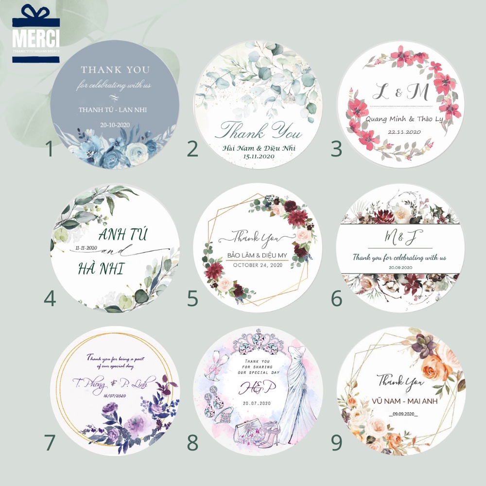 Decal cảm ơn cho cô dâu chú rể gắn vào quà tặng, thiệp mời