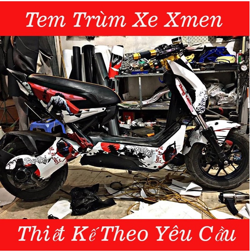Tem trùm xe điện Xmen samurai trắng đỏ đen - Tem trùm dán xe điện Xmen samurai trắng đỏ đen - Độ team trùm dán xe máy đi