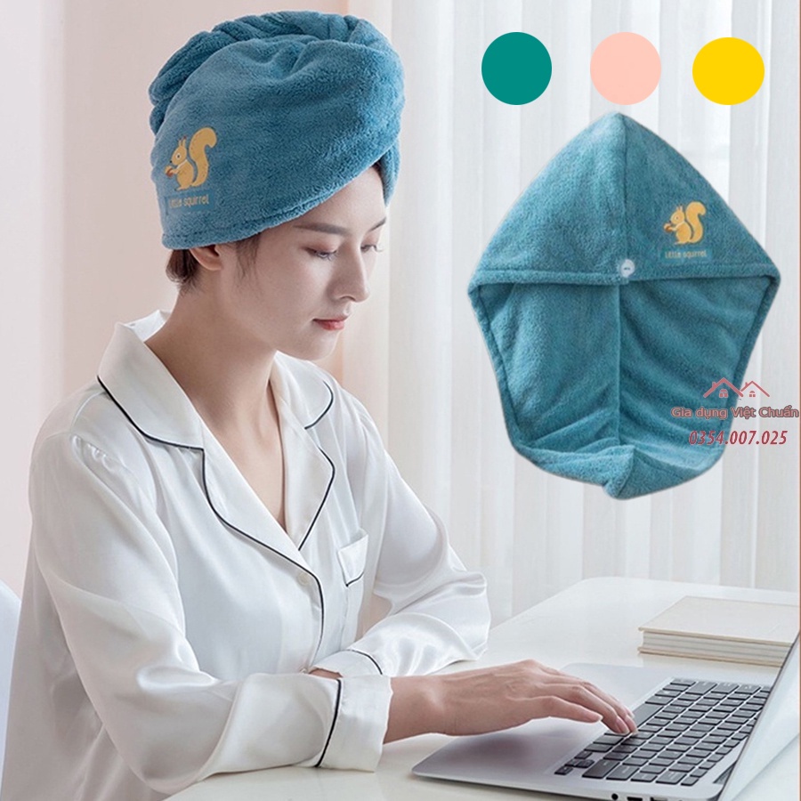 Khăn lau khô tóc / Khăn quấn đầu siêu thấm họa tiết dễ thương chất vải dày, thấm hút tốt