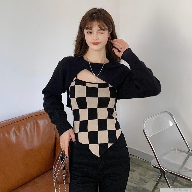 Áo dệt kim hai dây họa tiết sọc caro trọng lượng nhẹ thời trang cho nữ