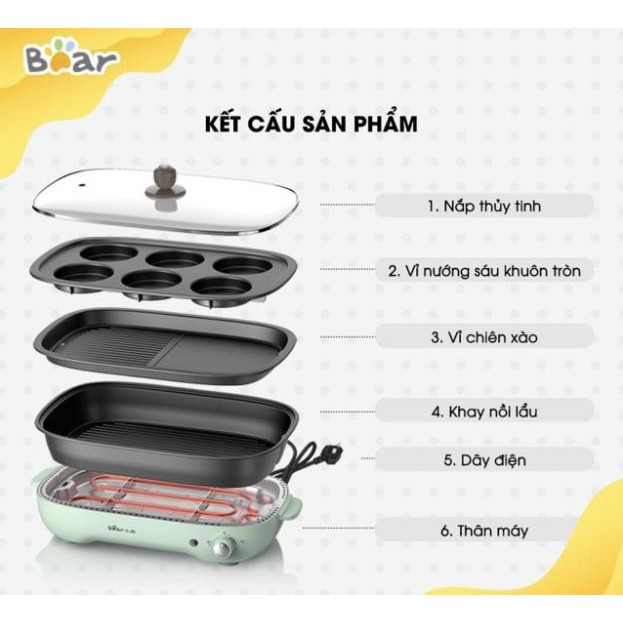 Nồi Lẩu Nướng 3 Khay Đa Năng Có Thể Tháo Rời BEAR DHG -C40D5 - Bếp Nướng Điện 3 Trong 1 - BH 12 Tháng