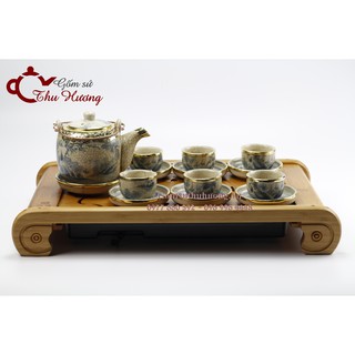 Bộ ấm chén men rạn giả cổ bọc đồng_Bộ bình trà Bát Tràng dáng Vại