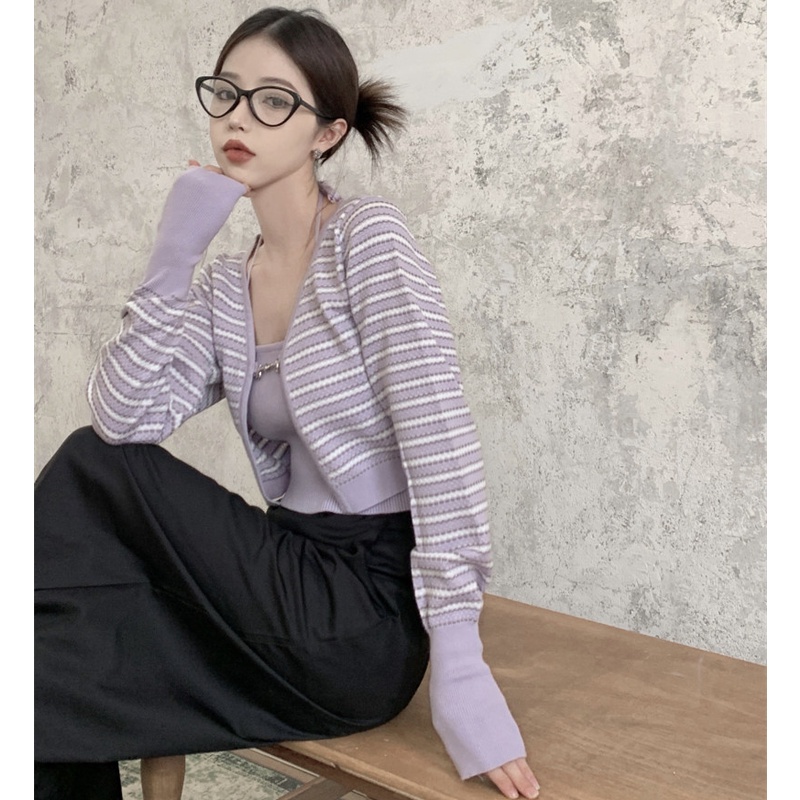 Áo Cardigan Dệt Kim Họa Tiết Kẻ Sọc Thời Trang Mùa Thu