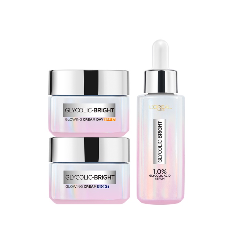 Bộ Serum 30ml &amp; Kem ngày 15ml &amp; Kem đêm 15ml sáng da tức thì Glycolic Bright L'Oreal Paris