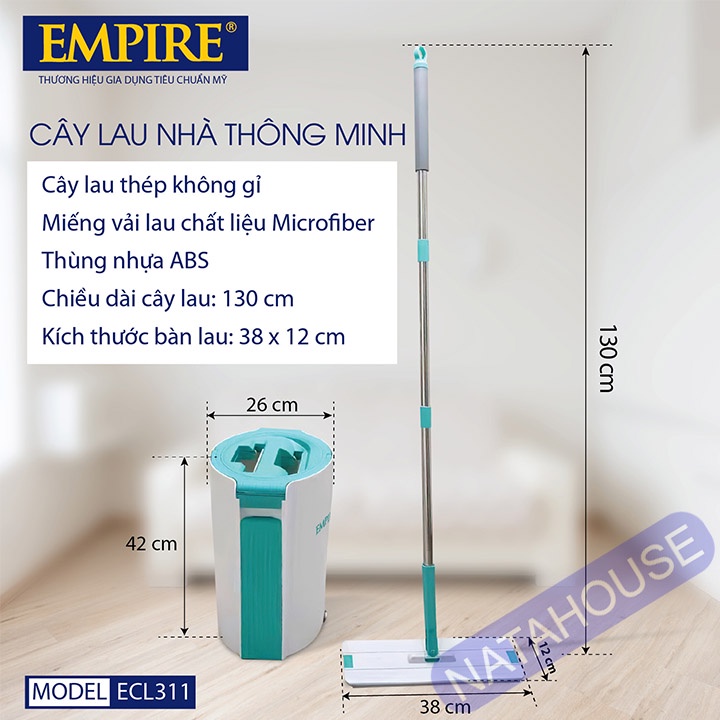 Cây Lau Nhà Empire ECL311 Bộ Lau Nhà Tự Vắt Thông Minh loại lớn 38cm NATAHOUSE