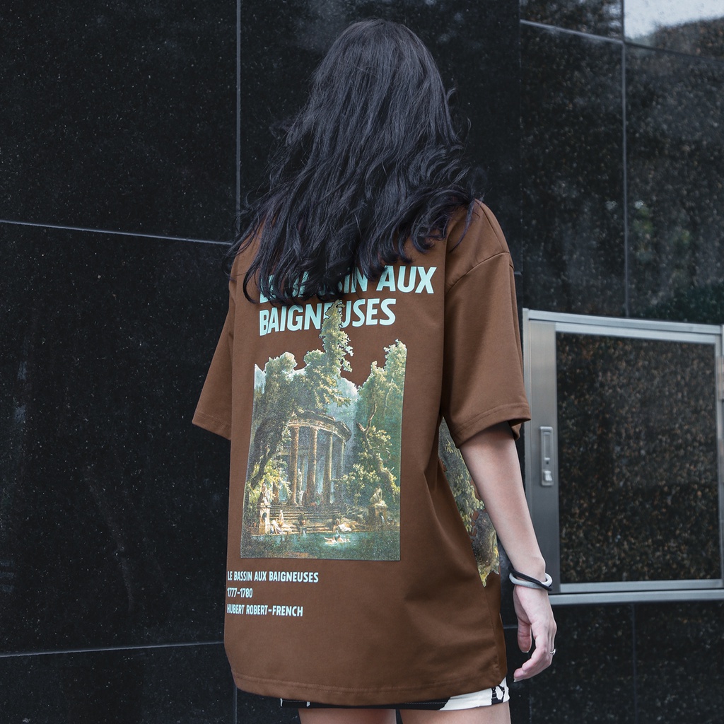Áo Thun Màu Nâu In Hình Phong Cảnh Nghệ Thuật Chất Liệu 100% Cotton Form Rộng Thoải Mái Unisex Nam Nữ