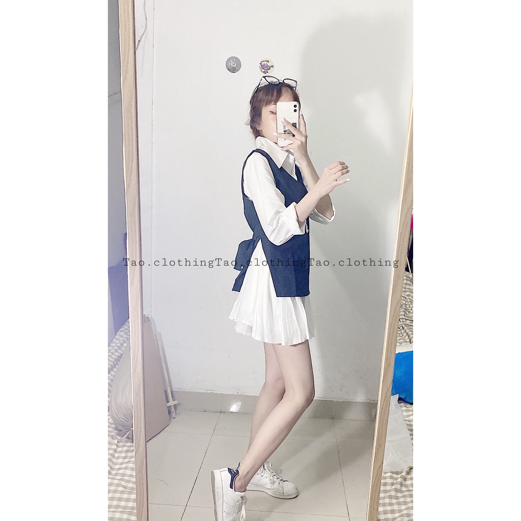 set đầm sơ mi trắng đuôi cá, gile phối ngoài
