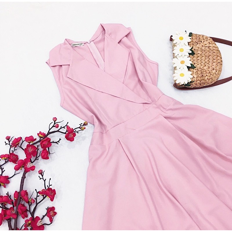 Đầm hồng xoè cổ vest (kèm hình thật) | BigBuy360 - bigbuy360.vn