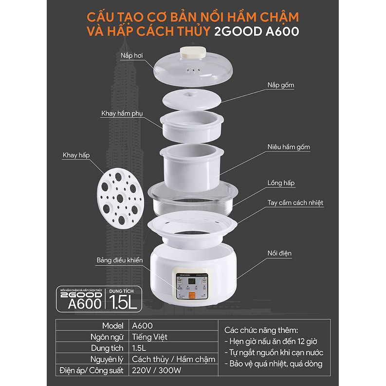 Nồi Hầm Cháo, Chưng Yến Cách Thủy 2 tầng 2GOOD A600 (1.5 lít, chống trào, tiếng Việt, hết nước tự động ngắt)