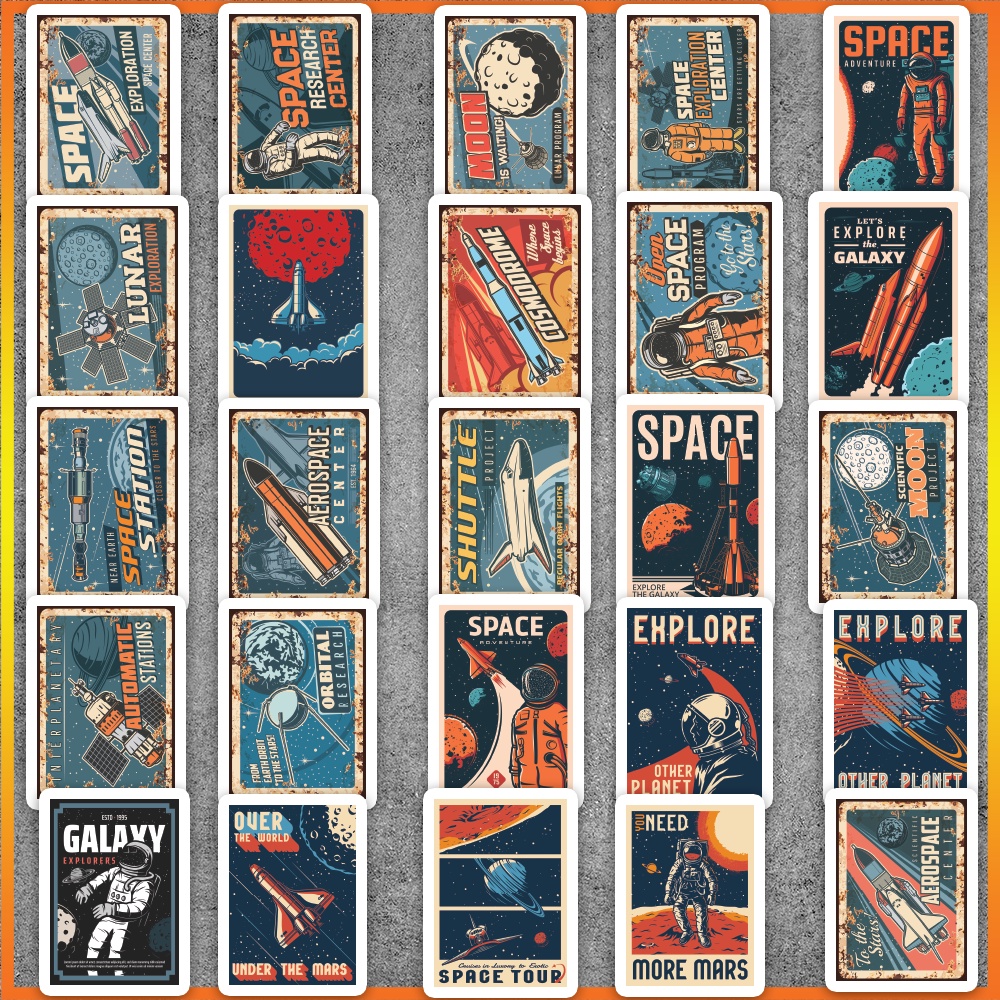Set 52 cái Sticker Vintage Retro Space chống nước, hình dán vũ trụ phi hành gia, decal space cute dán laptop, vali