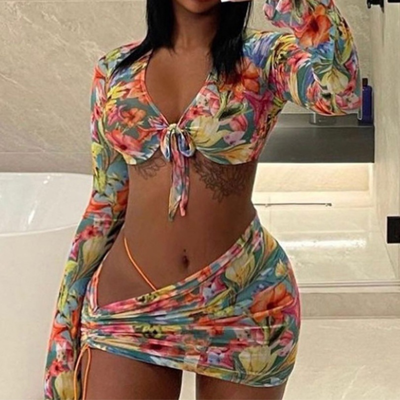 Bộ Trang Phục 3 Mảnh Gồm Áo Croptop Lưới Tay Dài Thắt Nút In Hoa Và Chân Váy Dây Rút Mini Thời Trang Đi Biển Quyến Rũ Cho Nữ