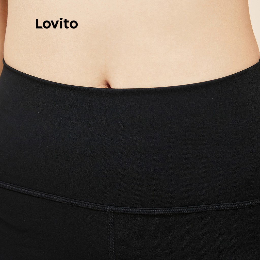 Quần ngắn thể thao Lovito lưng cao màu trơn phối chữ thập L15X228 (Màu đen)