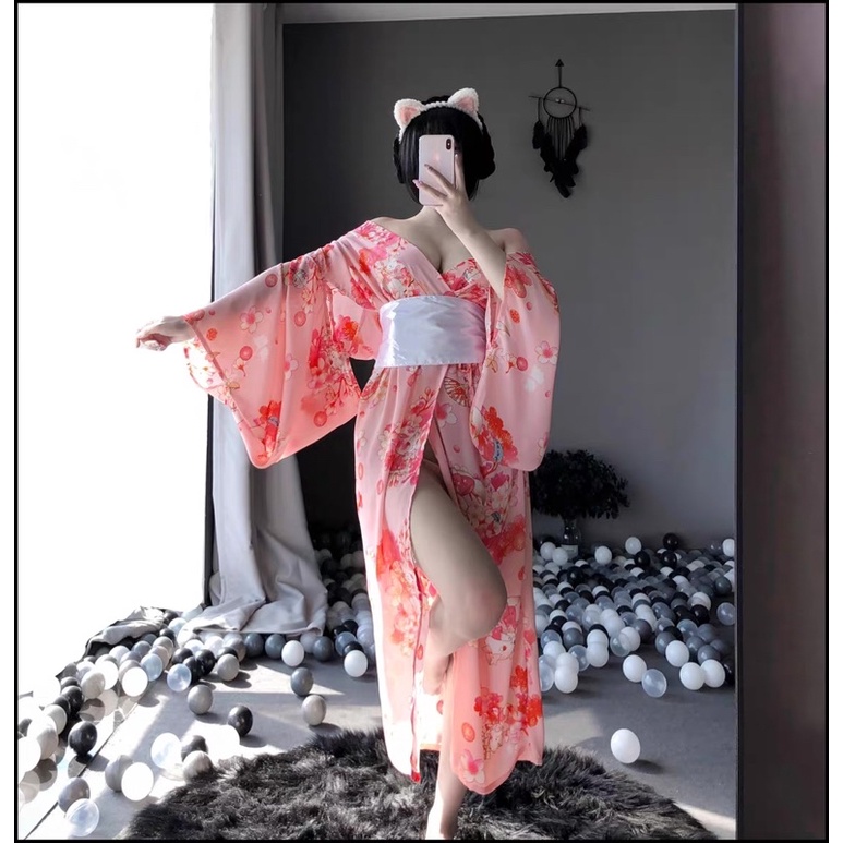 LL1143 Kimono Hoa Đào Dáng Dài - Cosplay Nhật Bản Sexy
